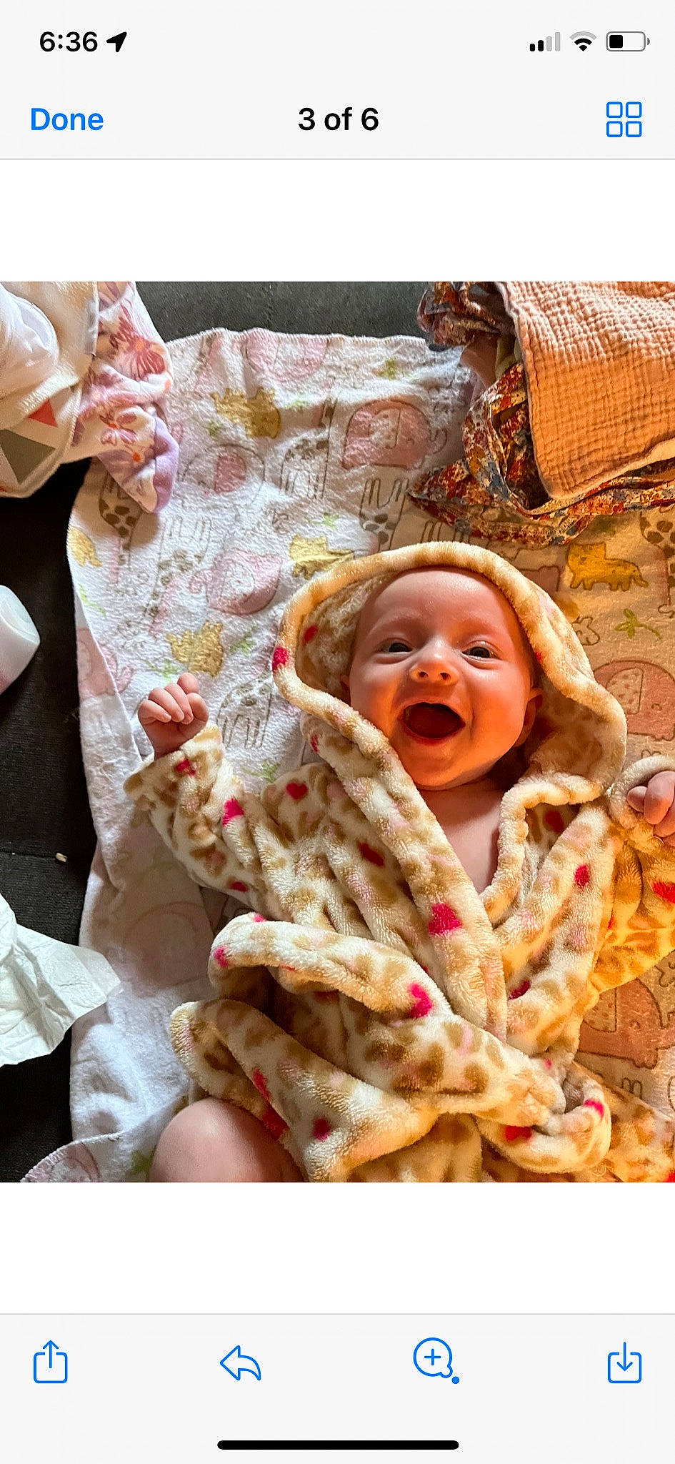 Presleigh is registered to the contest to win money with this photo: baby, bedding, child, comfort, event, eye, fun, fur, happy, head, laugh, linens, pattern, peach, person, portrait_photography, room, skin, smile, toddler