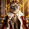 Iska participe au concours pour gagner de l'argent avec cette photo : cat, throne, crown, robe, scepter, royalty, luxury, gold, red_velvet, jewelry, portrait, indoor, feline, regal, animal, majestic, fur, decoration, rich, ceremony