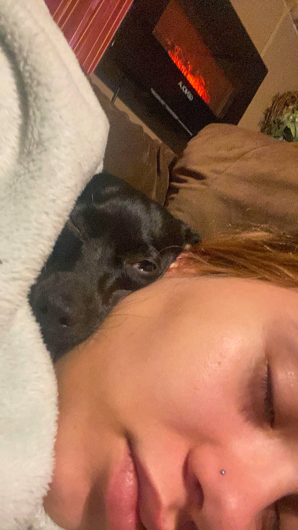 Tee-tee is registered to the contest to win money with this photo: abdomen, barechested, brown_hair, chest, comfort, companion_dog, dog_breed, ear, eyelash, flesh, fur, gesture, human_leg, jaw, nail, nap, selfie, trunk, whiskers, wrist