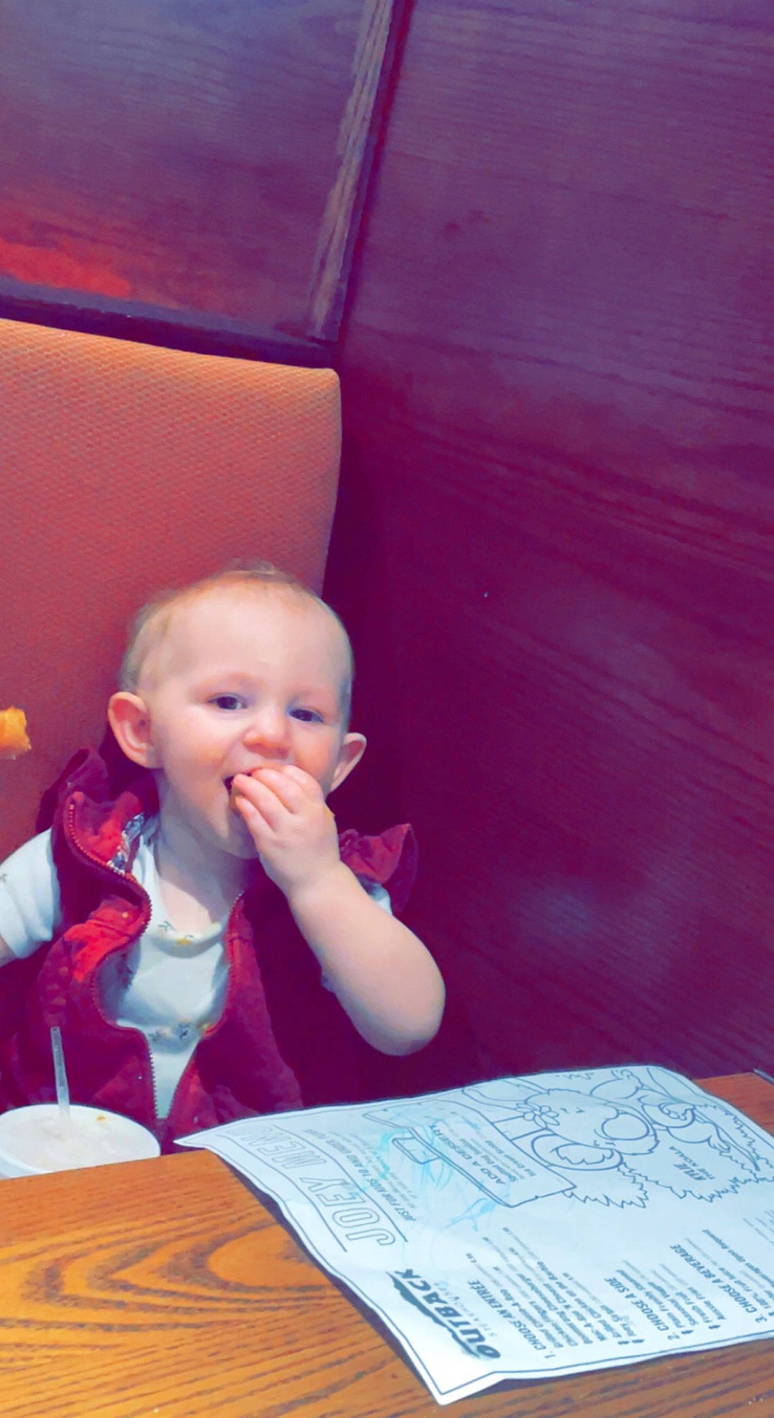 Akeela is registered to the contest to win money with this photo: baby, baby_toddler_clothing, breakfast, chair, cheek, child, comfort, comfort_food, eating, fun, magenta, person, plate, play, room, sitting, table, tableware, toddler, writing