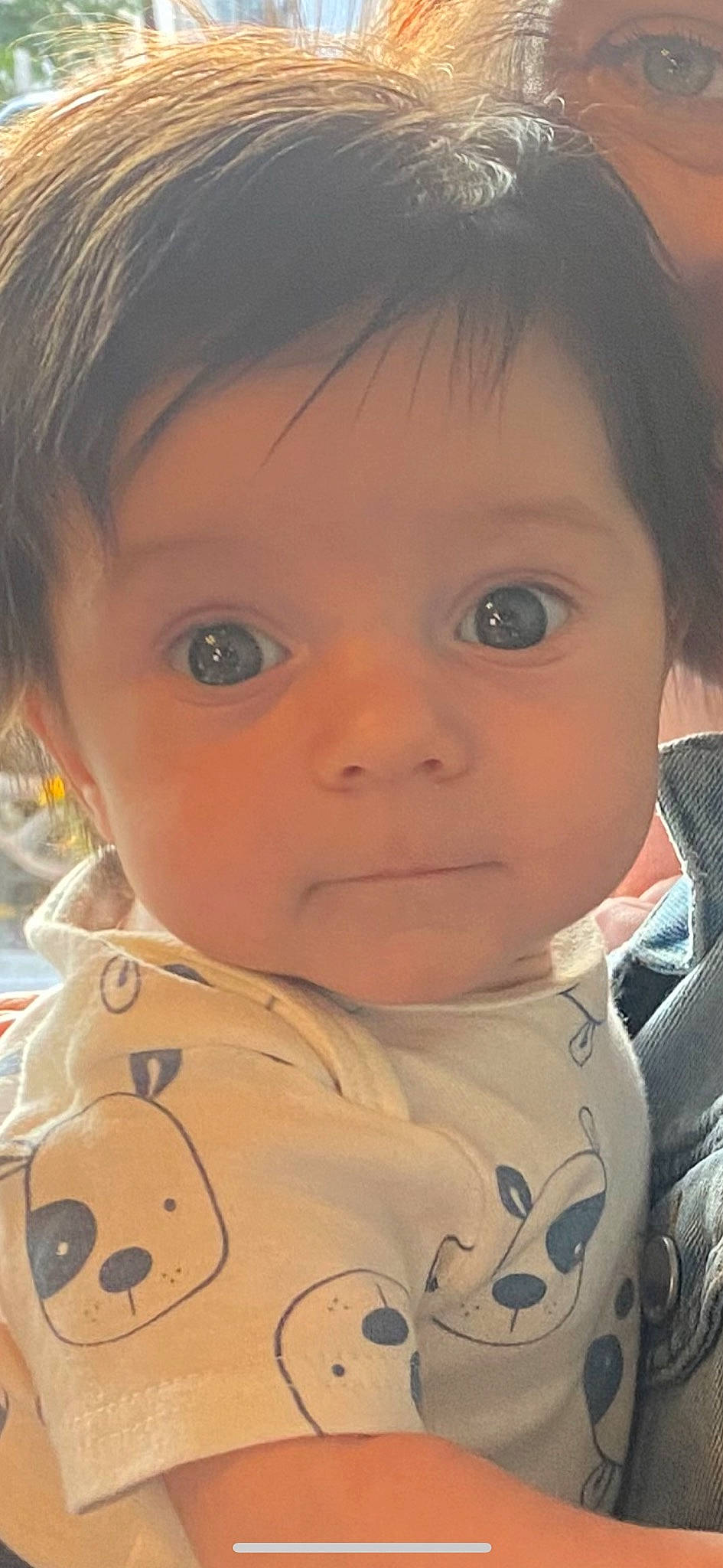 Oliver is registered to the contest to win money with this photo: baby, baby_toddler_clothing, brown_hair, cheek, chin, close_up, eye, eyebrow, eyelash, forehead, hair, happy, head, iris, lip, mouth, nose, person, skin, sleeve