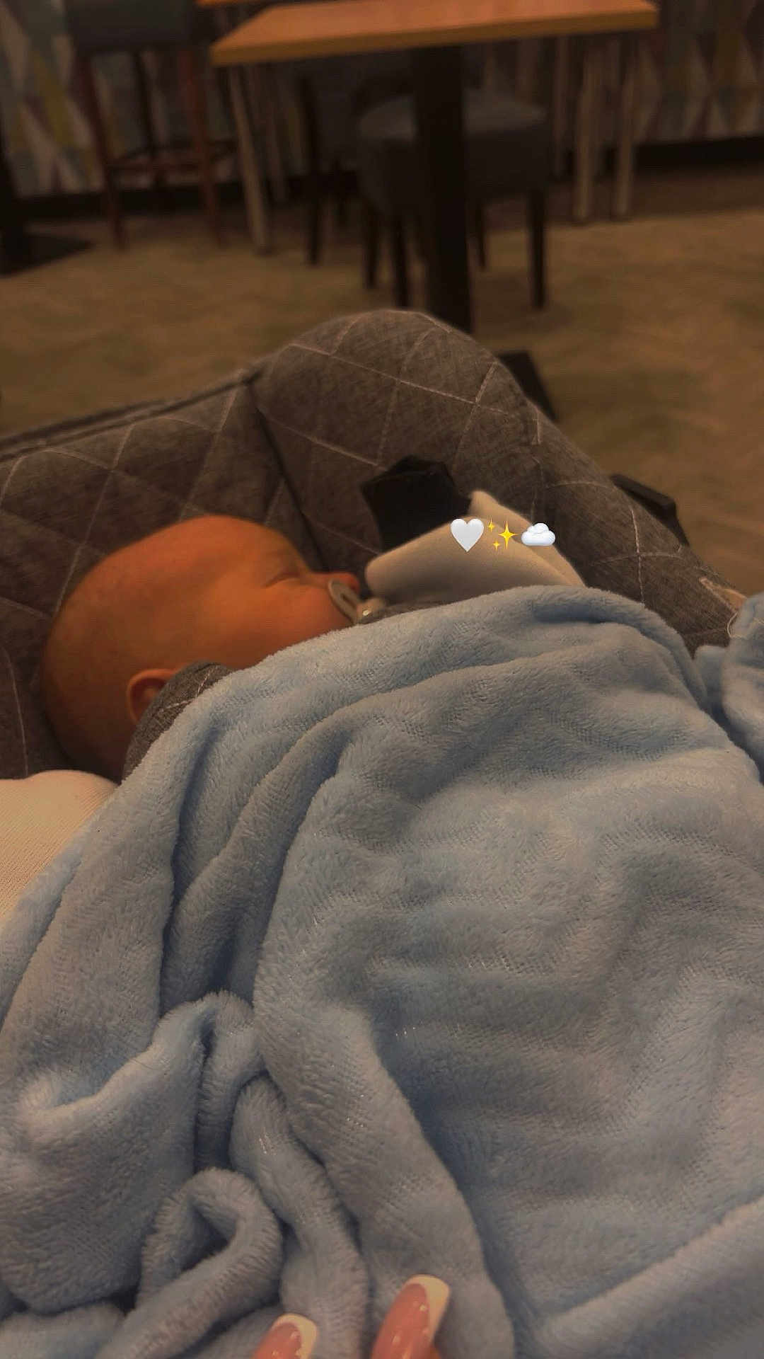 Arlo is registered to the contest to win money with this photo: baby, blanket, pacifier, sleeping, infant, sock, hand, manicure, carrier, cushion, soft, blue, cozy, indoor, person, child, resting, cute, calm, comfort