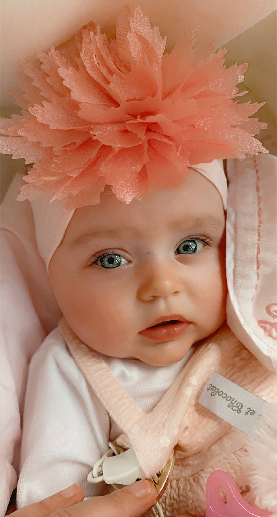 Aelys participe au concours pour gagner de l'argent avec cette photo : baby, baby_toddler_clothing, cheek, costume_hat, dress, eye, eyelash, face, hat, head, headgear, headpiece, headwear, lip, peach, person, petal, pink, skin, textile
