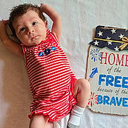 Brayleanna is registered to the contest to win money with this photo: baby, blanket, blue, cute, decor, expression, face, fireworks, indoors, infant, lying_down, person, portrait, red, sign, sock, stars, striped_clothing, text, white