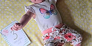 Brayleanna joined the competition — help win amazing prizes! 3_months_old, baby, blue_eyes, butterfly_shirt, child, clothing, cute, feet, floral_pants, hand, happy, headband, indoors, infant, lying_down, milestone_card, polka_dot, portrait, smiling, yellow_blanket