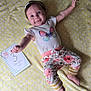 Brayleanna joined the competition — help win amazing prizes! 3_months_old, baby, blue_eyes, butterfly_shirt, child, clothing, cute, feet, floral_pants, hand, happy, headband, indoors, infant, lying_down, milestone_card, polka_dot, portrait, smiling, yellow_blanket