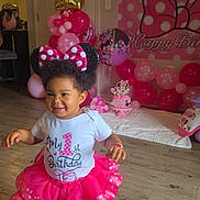 Miley joined the competition — help win amazing prizes! toddler, child, birthday, party, pink, tutu, balloons, headband, minnie_mouse, celebration, smile, indoor, floor, dress, shoes, banner, decorations, happy, girl, one_year_old