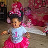 toddler, child, birthday, party, pink, tutu, balloons, headband, minnie_mouse, celebration, smile, indoor, floor, dress, shoes, banner, decorations, happy, girl, one_year_old