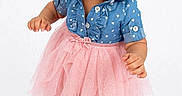 Miley is registered to the contest to win money with this photo: barefoot, blue_shirt, bows, child, curly_hair, cute, fashion, full_body, girl, happy, joyful, one_person, pink_tutu, portrait, smiling, standing, studio, toddler, white_background, young_child