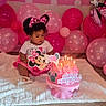 Miley joined the competition — help win amazing prizes! toddler, child, birthday_cake, candles, balloons, pink, minnie_mouse, party, celebration, dress, headband, polka_dots, floor, blanket, indoor, happy_birthday, decorations, person, cute, festive