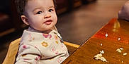 Amber joined the competition — help win amazing prizes! toddler, child, curly_hair, high_chair, wooden_chair, floral_sweater, table, food_crumbs, restaurant, indoor, person, cute, looking_at_camera, seated, young_child, curious_expression, casual_clothing, baby, small_child, dining