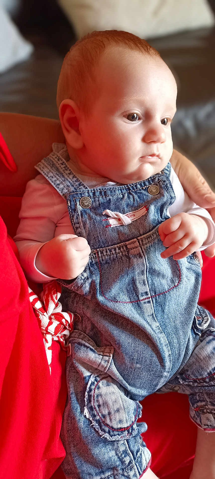 Tylio participe au concours pour gagner de l'argent avec cette photo : baby, infant, denim_overalls, clothing, person, child, hand, face, skin, red_clothing, seated, closeup, portrait, casual, indoor, cute, young, newborn, curious, soft_lighting