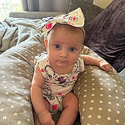 Anabella joined the competition — help win amazing prizes! baby, infant, child, headband, bow, blue_eyes, cushion, star_pattern, sitting, indoor, natural_light, curious, cute, clothing, soft_fabric, person, portrait, skin, hand, foot