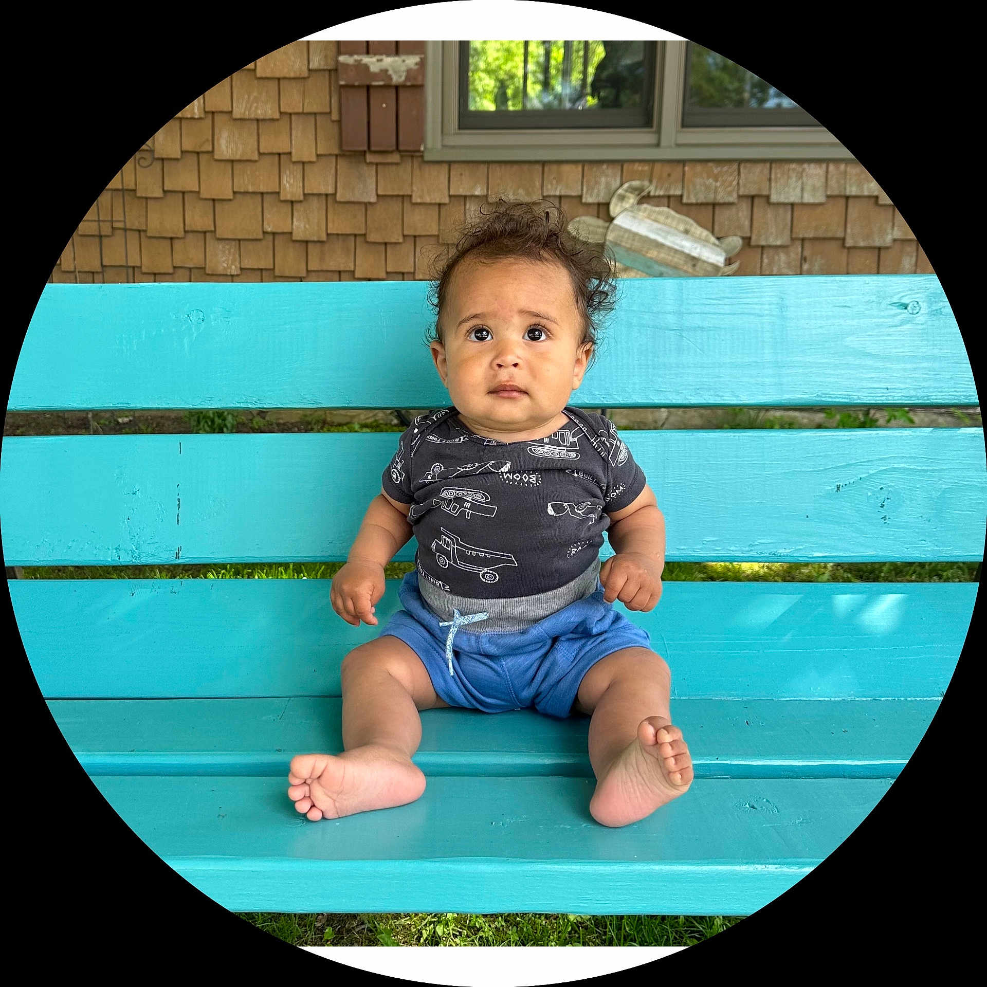 Raheem joined the competition — help win amazing prizes! baby, barefoot, bench, bodypart, clothing, face, finger, furniture, hand, head, pants, person, photography, portrait, shorts, sitting, sphere, t_shirt, window, wood