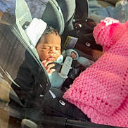 Knowledge joined the competition — help win amazing prizes! baby, car_seat, blanket, pink, sleeping, child, reflection, window, outdoor, trees, seatbelt, knitted, infant, peaceful, portrait, clothing, seat, sunlight, cozy, young