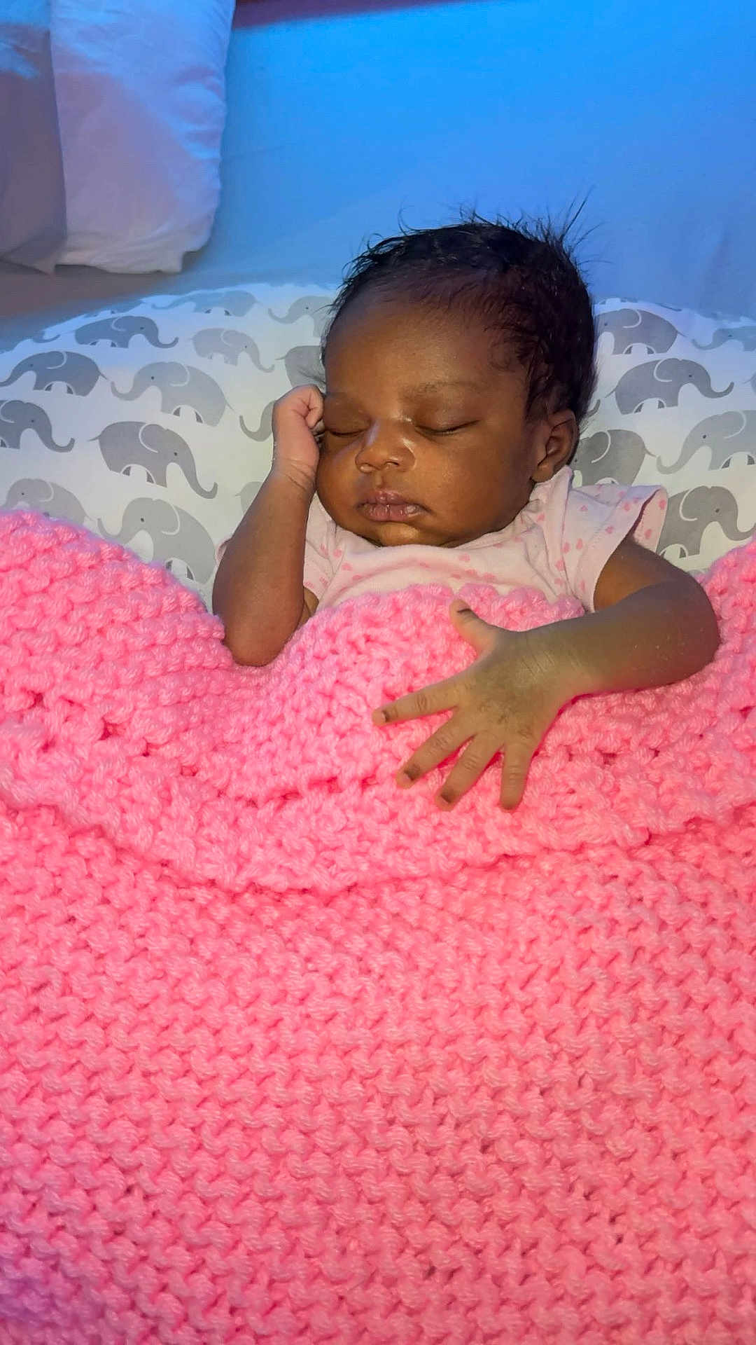 Knowledge joined the competition — help win amazing prizes! baby, sleeping, blanket, pink, knitted, hand, face, pillow, elephant_pattern, infant, cute, resting, cozy, indoors, child, peaceful, soft, portrait, toddler, bed