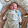 baby, infant, smiling, face, clothing, overalls, mickey_mouse, blue_shirt, blanket, cushion, toy, mirror, leopard_print, lying_down, happy, cute, child, indoors, soft_toys, white_socks