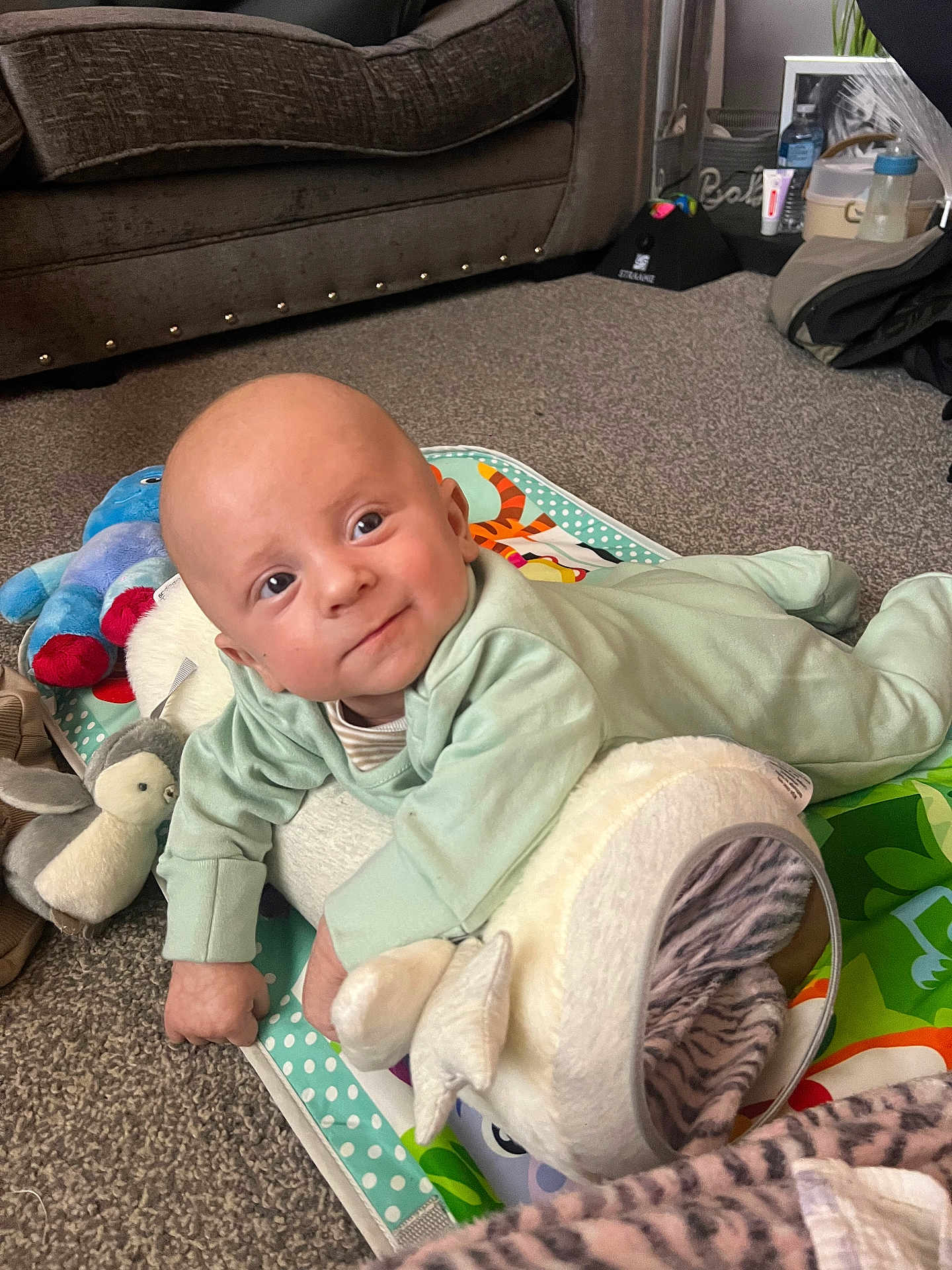 Romie is registered to the contest to win money with this photo: baby, infant, play_mat, plush_toys, carpet, sofa, living_room, child, smiling, clothing, soft_toys, floor, head, face, person, indoors, cute, lying_down, comfort, home