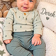 Derek joined the competition — help win amazing prizes! baby, child, infant, portrait, smiling, sitting, teddy_bear, blanket, cushion, cozy, indoor, nursery, baby_clothing, green_outfit, bare_feet, furniture, soft_lighting, warm_colors, personalized_pillow, photography