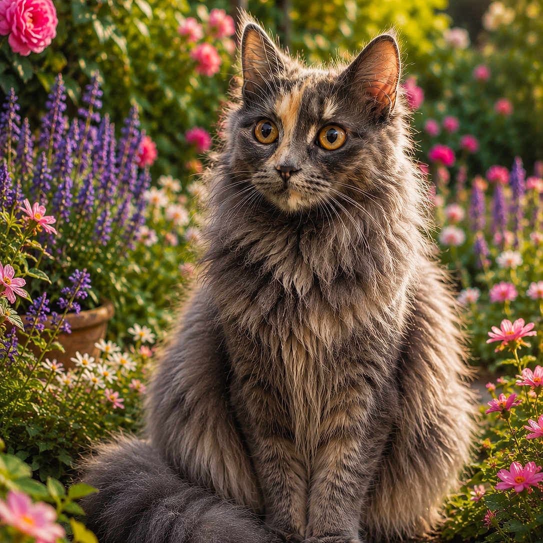 Athéna a rejoint le concours — aidez-le/la à gagner de superbes lots ! cat, fluffy, garden, flowers, pink_flowers, purple_flowers, greenery, sunlight, amber_eyes, sitting, outdoor, nature, pathway, pets, cute, animal, feline, portrait, summer, serene