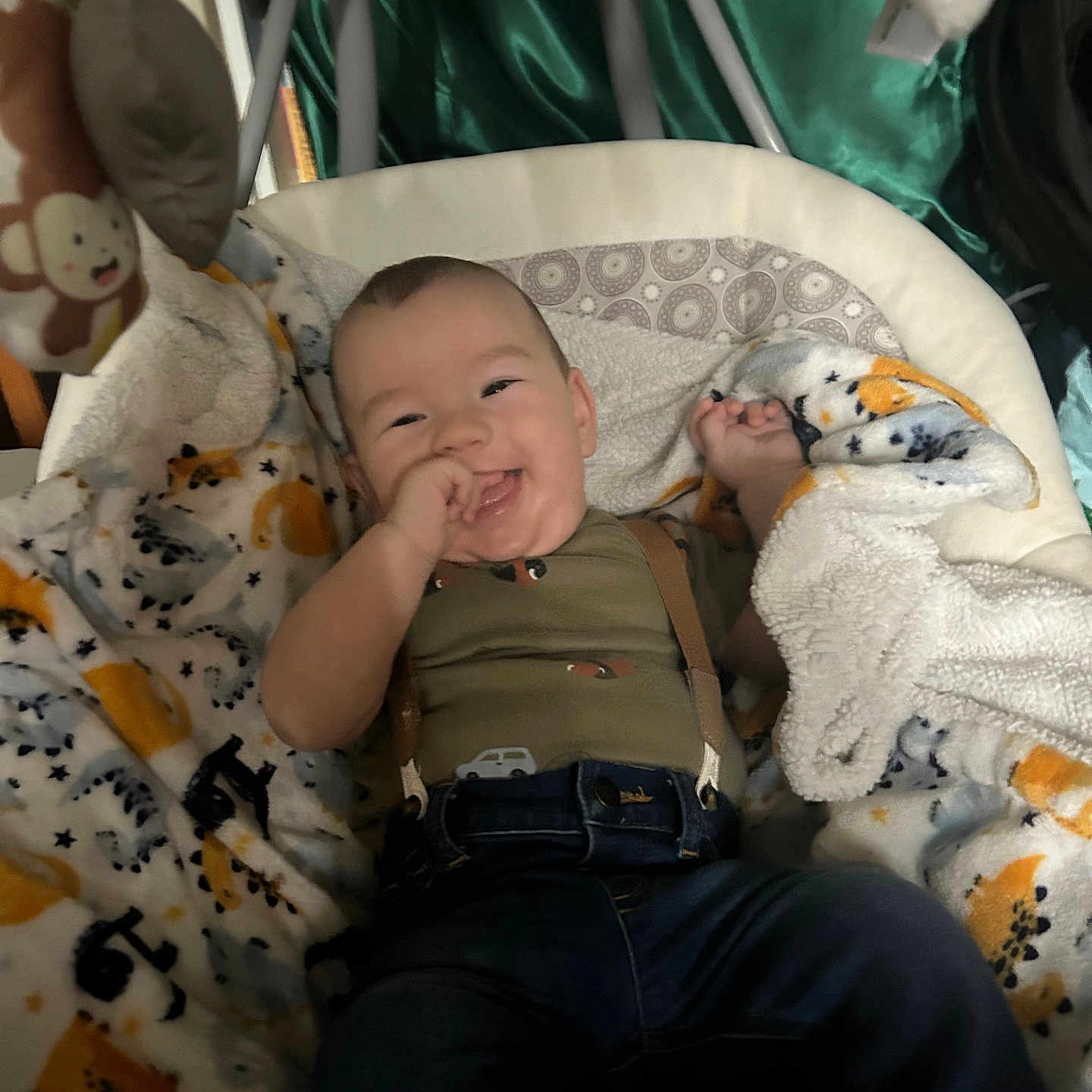 Giovonni joined the competition — help win amazing prizes! baby, bed, bodypart, car, clothing, crib, face, furniture, happy, head, infantbed, jeans, newborn, pants, person, photography, portrait, smile, transportation, vehicle