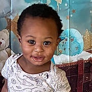 Kingston joined the competition — help win amazing prizes! toddler, child, smiling, face, eyes, short_hair, shirt, animal_print, indoor, toy, teddy_bear, background, decorations, portrait, cute, happy, baby, person, young_child, expression