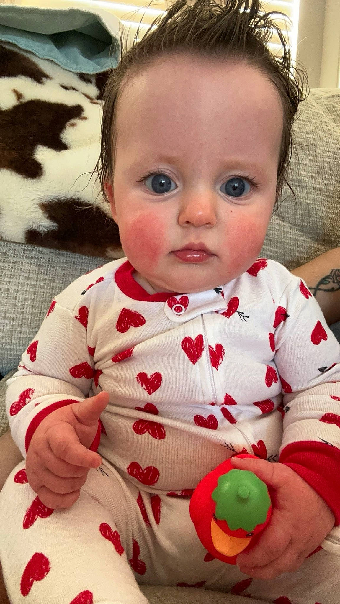 Stella joined the competition — help win amazing prizes! baby, baby_toddler_clothing, beauty, cheek, child, eyelash, face, facial_expression, finger, green, hand, happy, lip, nose, pattern, person, sitting, skin, sleeve, toddler