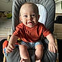 Andrea a rejoint le concours — aidez-le/la à gagner de superbes lots ! baby, child, infant, smiling, orange_shirt, denim_shorts, baby_chair, plush_toy, indoor, happy, cute, person, feet, hands, tongue_out, wooden_frame, cushion, home, plant, floor