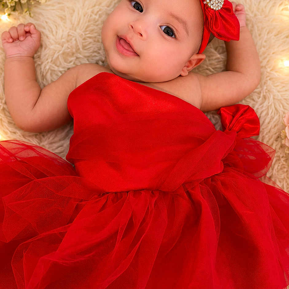 Shamilka joined the competition — help win amazing prizes! baby, red_dress, headband, flower, roses, fairy_lights, fluffy_rug, smiling, portrait, cute, infant, celebration, decor, tulle, sparkle, skin, person, lying_down, happy, closeup