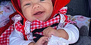 Emory joined the competition — help win amazing prizes! baby, child, smiling, red_bow, gingham_dress, white_cloth, stroller, soft_toy, bunny, happy, cute, infant, portrait, outdoor, clothing, headwear, baby_girl, playful, fabric, hands