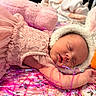 newborn, baby, sleeping, pink_dress, lace, bunny_hat, carrot, blanket, ribbons, soft_toys, cute, infant, portrait, sleep, resting, adorable, cozy, cradle, child, toddler