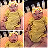 Lyla is registered to the contest to win money with this photo: baby, bow, child, closeup, crib, cushion, cute, fabric, happy, headband, indoor, infant, knitwear, person, portrait, sitting, smiling, soft, texture, yellow_clothing