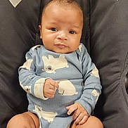 Brayden joined the competition — help win amazing prizes! baby, infant, child, onesie, blue_clothing, polar_bear_pattern, baby_seat, gray_background, sitting, cute, curious_expression, hands, legs, soft_lighting, indoors, portrait, young_child, cozy, comfortable, smiling