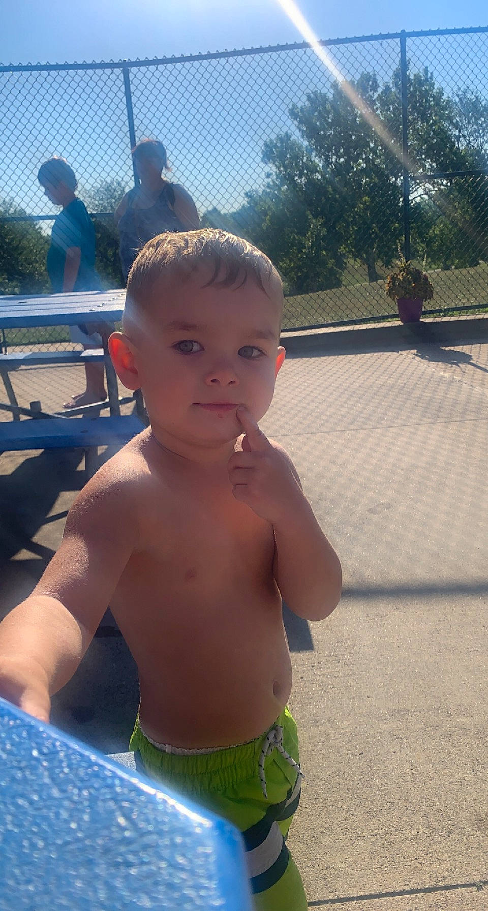 Crue is registered to the contest to win money with this photo: abdomen, barechested, chest, child, eyewear, fun, grass, happy, leisure, muscle, navel, person, plant, sky, summer, sunglasses, thumb, toddler, tree, trunk