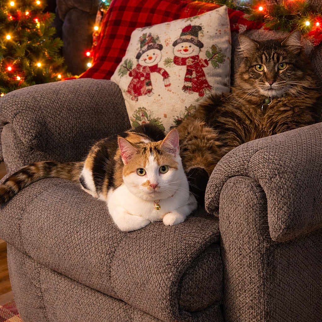 Walter And Hermione joined the competition — help win amazing prizes! armchair, blanket, cat, christmas_lights, cozy, decor, feline, festive, fur, green, holiday, home, indoor, pattern, pets, pillow, plush, red, relaxing, snowman