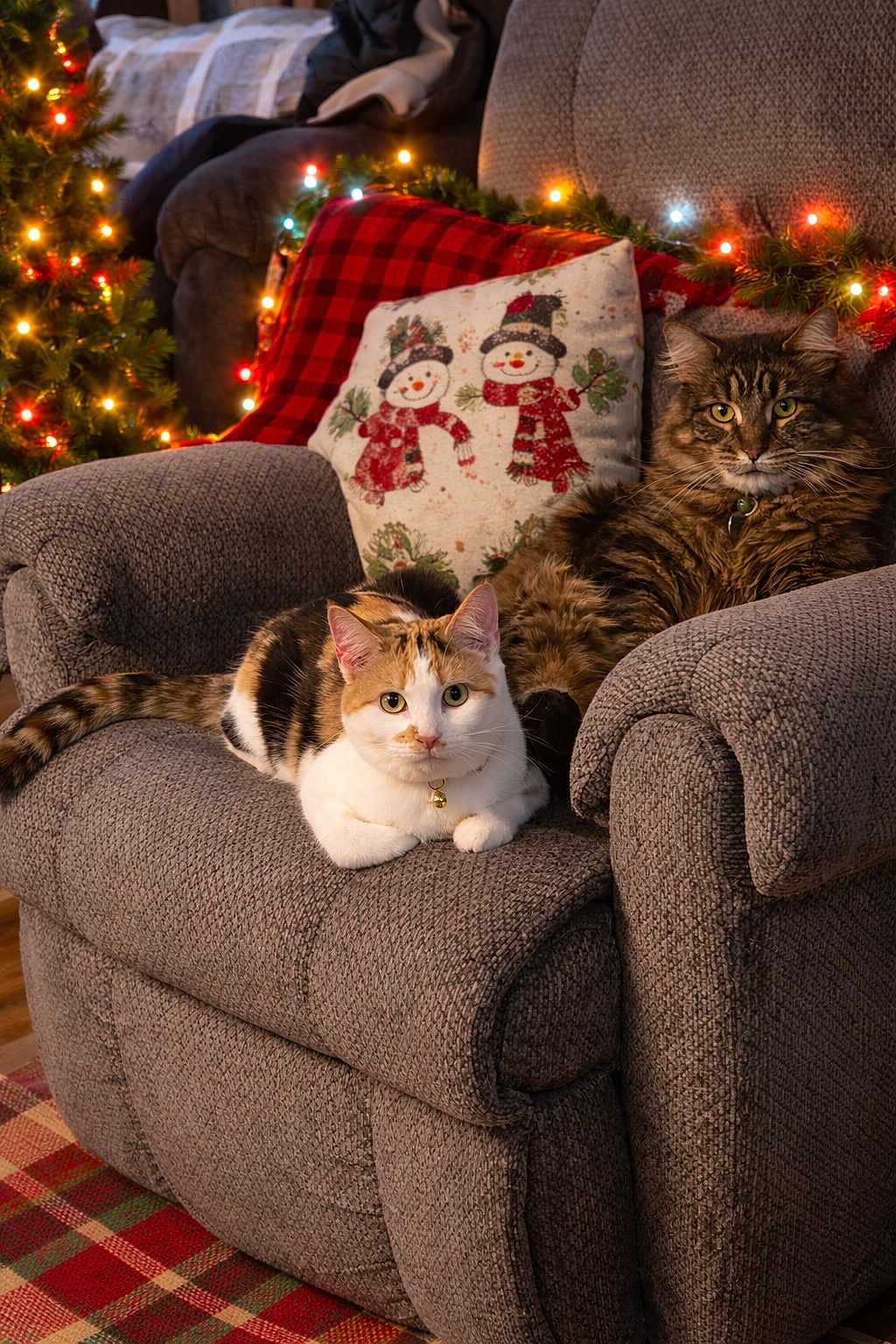 Walter And Hermione joined the competition — help win amazing prizes! armchair, blanket, cat, christmas_lights, cozy, decor, feline, festive, fur, green, holiday, home, indoor, pattern, pets, pillow, plush, red, relaxing, snowman
