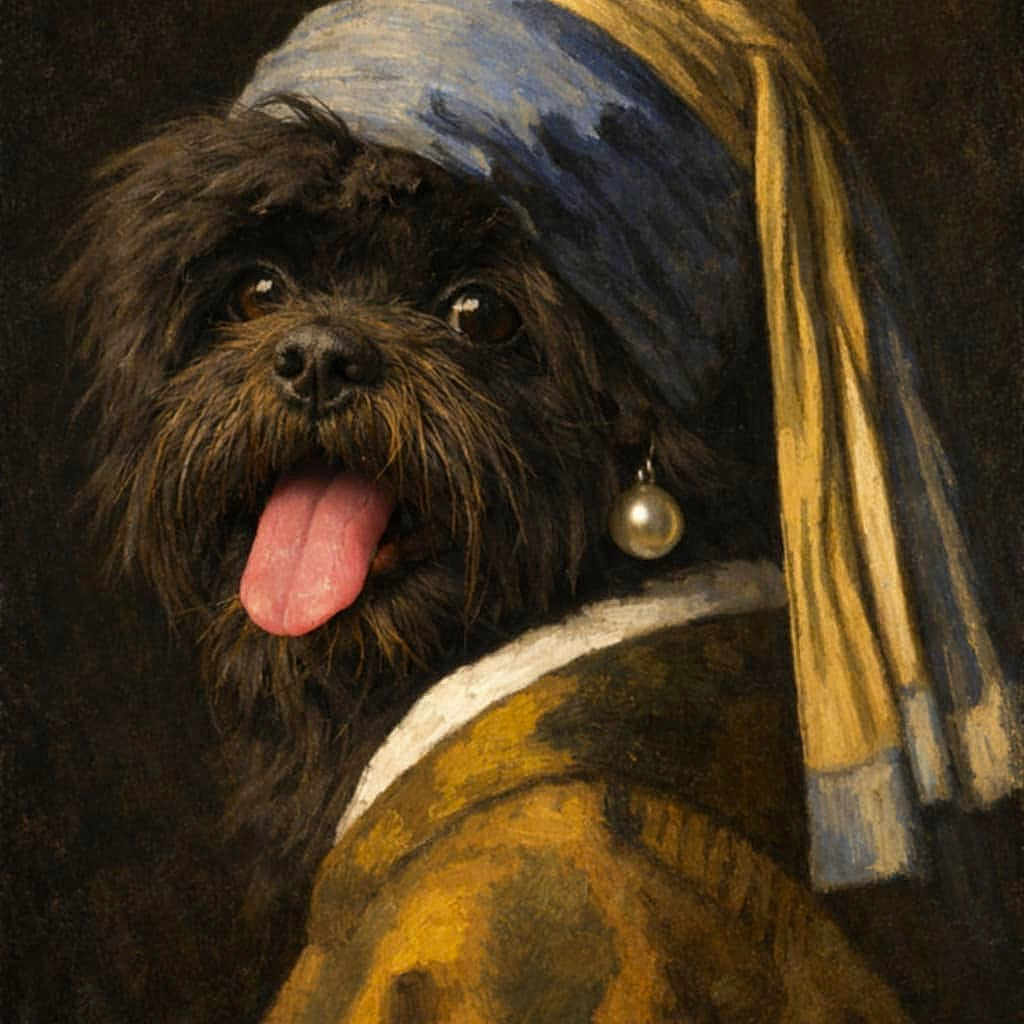 Kipou participe au concours pour gagner de l'argent avec cette photo : animal_portrait, artistic, black_dog, blue_turban, classic_style, costume, cute, dark_background, dog, earring, expression, fur, headwear, historical_clothing, painting_style, pearl_earring, portrait, tongue, whiskers, yellow_turban