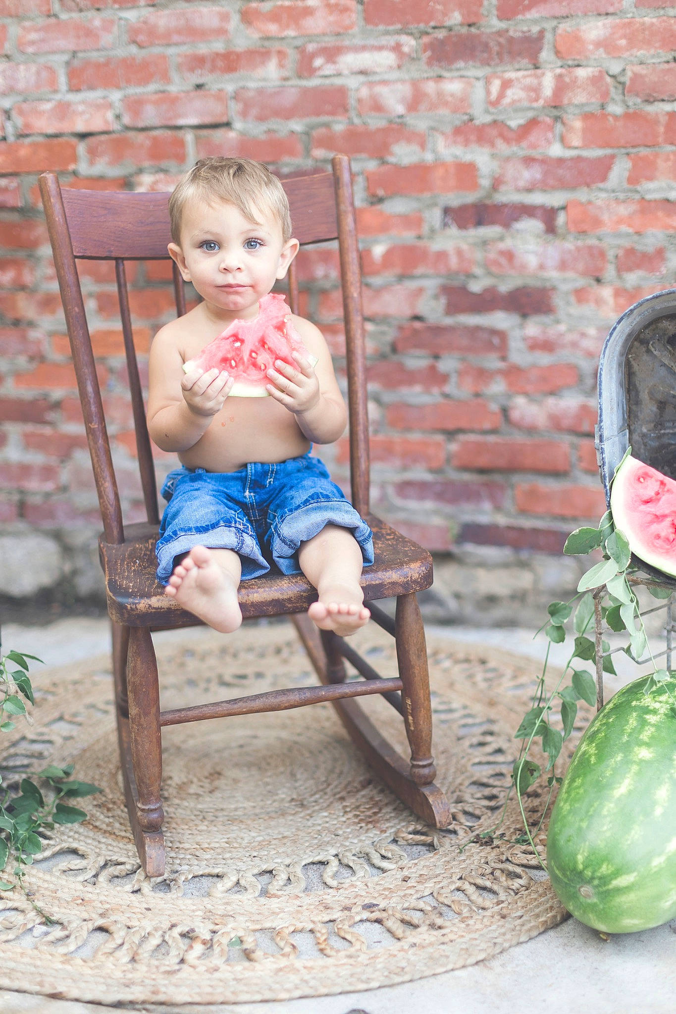 Legend joined the competition — help win amazing prizes! baby, brick, brickwork, chair, child, citrullus, folding_chair, fruit, gourd, grass, human_leg, leg, leisure, melon, outdoor_furniture, person, plant, shorts, vegetable, watermelon