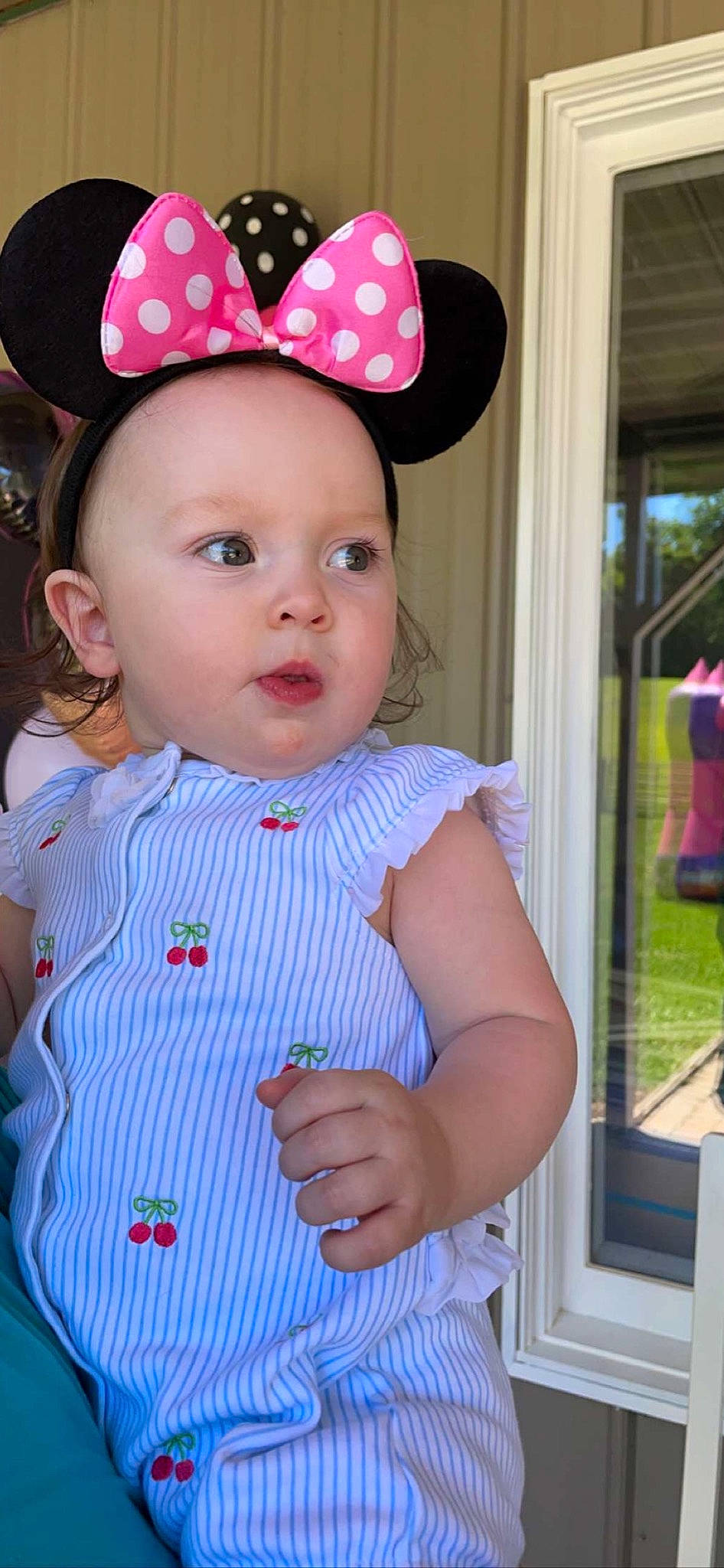 Orabella is registered to the contest to win money with this photo: baby, baby_toddler_clothing, cap, chin, clothing, costume_hat, face, facial_expression, fun, hairstyle, happy, hat, headgear, lip, party_hat, person, pink, skin, sleeve, sun_hat