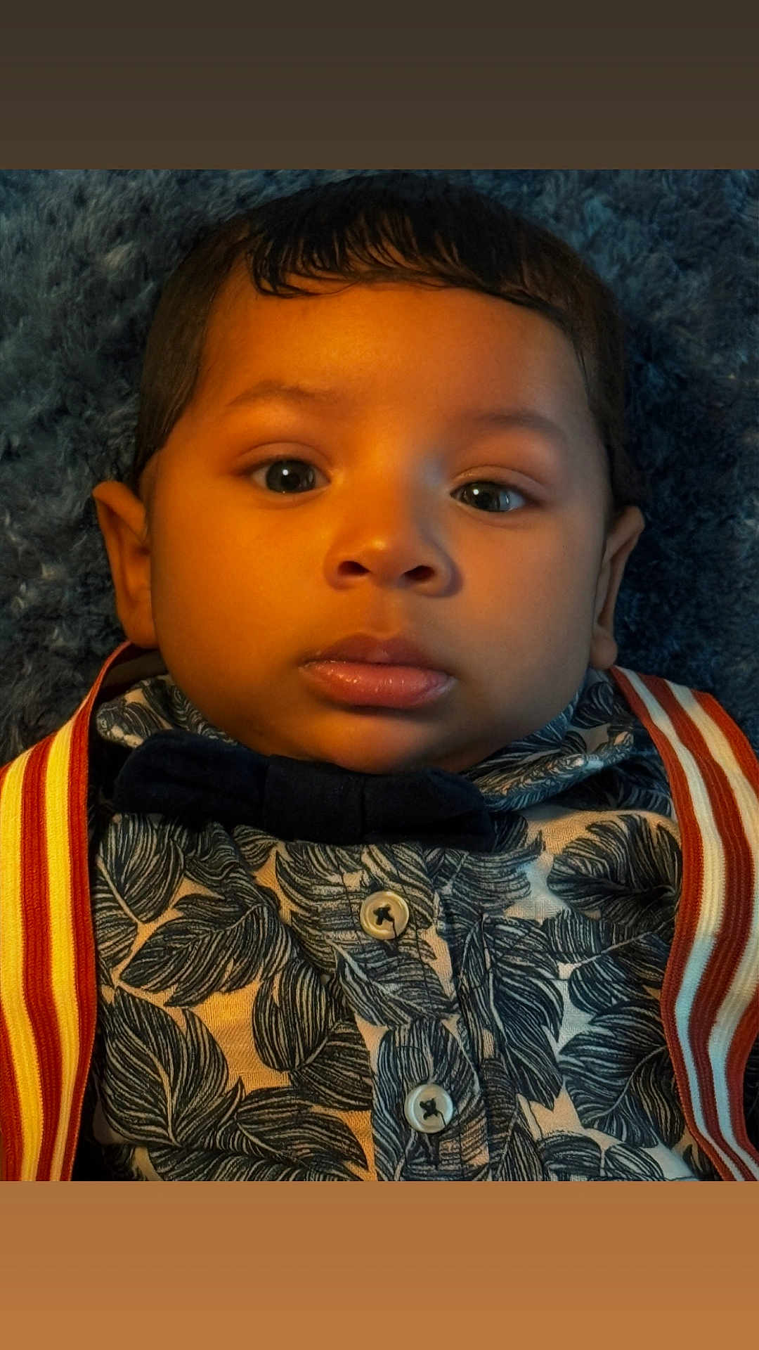 Cameron is registered to the contest to win money with this photo: baby, child, face, portrait, bow_tie, striped_suspender, leaf_pattern, buttoned_shirt, curly_hair, blue_background, close_up, expressionless, indoor, soft_lighting, cute, young_child, fashion, sitting, person, infant