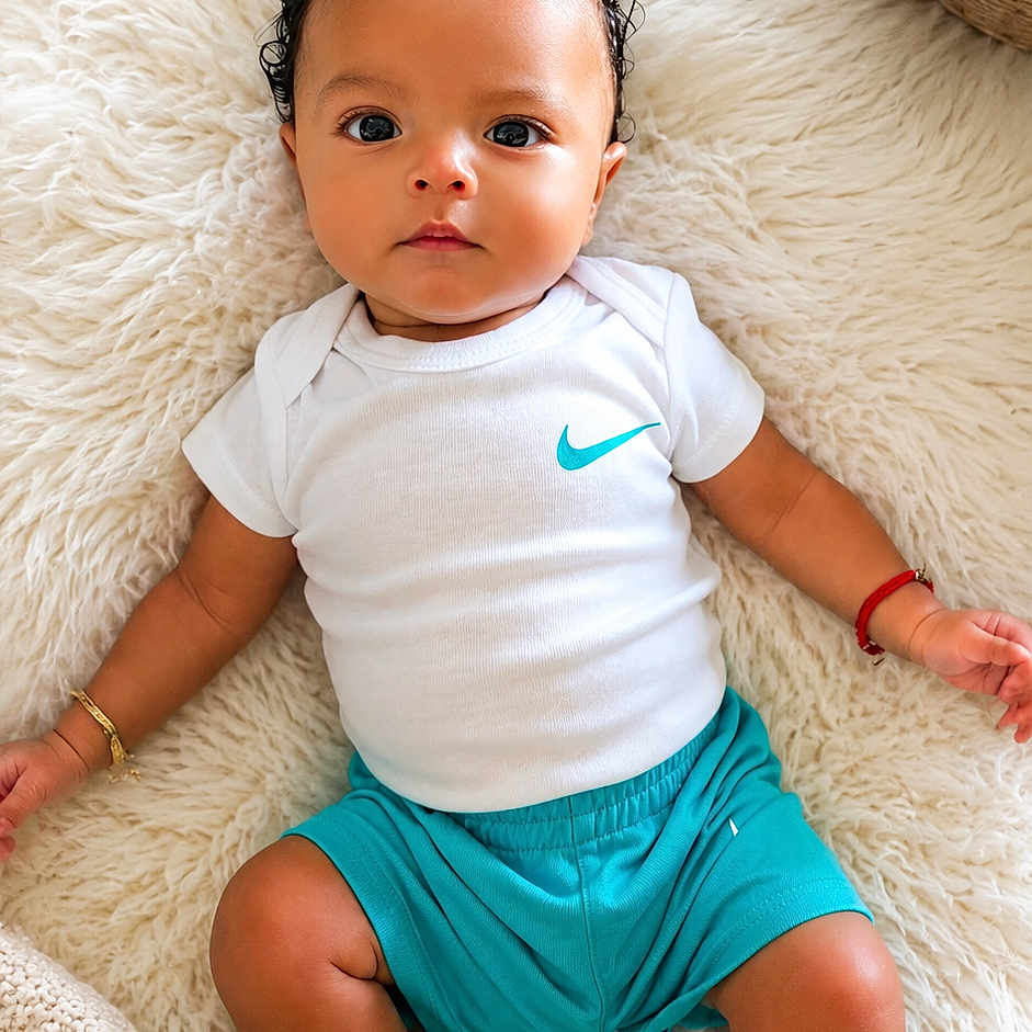 Asiáh King joined the competition — help win amazing prizes! baby, child, curly_hair, white_onesie, nike_logo, teal_shorts, bracelets, fluffy_rug, cream_rug, indoor, portrait, cute, infant, lying_down, looking_at_camera, skin, footwear_absent, relaxed, decor, plant