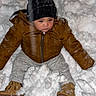 Presley joined the competition — help win amazing prizes! black_hat, boots, brown_jacket, child, cold_weather, curious_expression, cute, outdoor, person, playful, seasonal, sitting, snow, snowflakes, snowy_ground, toddler, warm_clothing, winter, winter_clothing, young_child