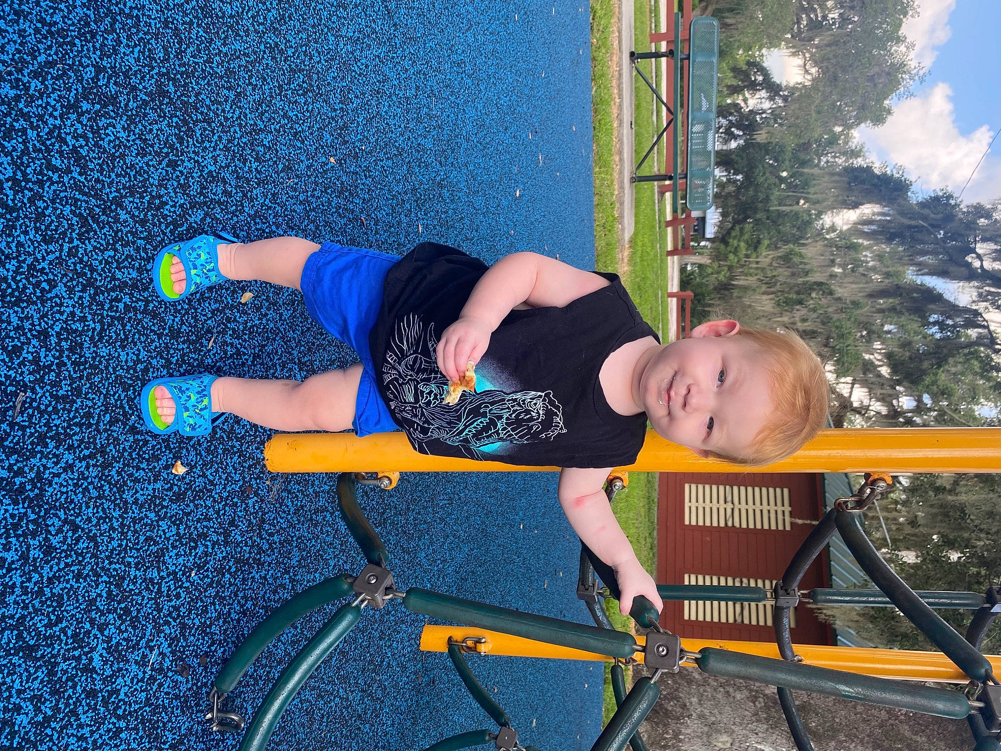 Jax joined the competition — help win amazing prizes! balance, bicycle_frame, bicycle_handlebar, blue, cloud, electric_blue, fun, human_leg, joy, knee, leisure, outdoor_furniture, person, recreation, shorts, smile, t_shirt, thigh, toddler, tree