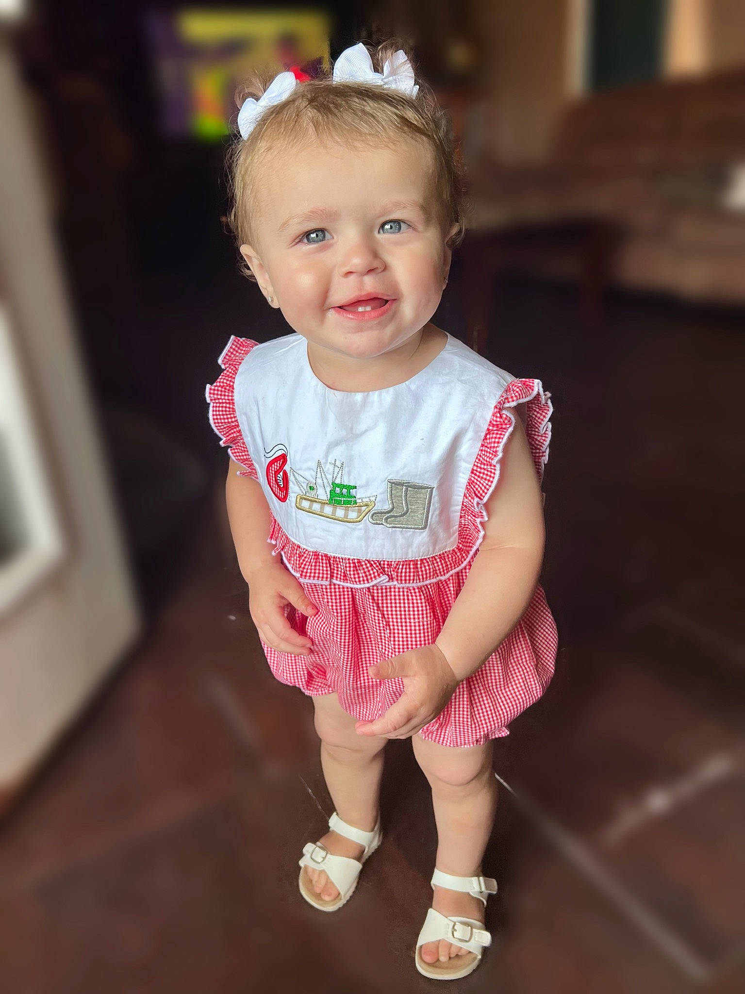 Brilynn joined the competition — help win amazing prizes! baby, baby_toddler_clothing, cheek, dress, eye, eyelash, face, flash_photography, fun, hair, happy, iris, leg, lip, person, pink, sleeve, smile, standing, t_shirt