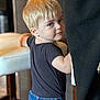 Grayson joined the competition — help win amazing prizes! toddler, child, blonde_hair, blue_eyes, black_shirt, blue_shorts, indoor, chair, furniture, curious, leaning, portrait, casual_clothing, young_child, person, kid, looking_back, cute, home, daylight
