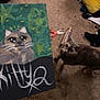 Kitty Kitty is registered to the contest to win money with this photo: cat, painting, carpet, scissors, tube, crocs, feet, indoor, curious, gray_cat, artwork, cartoon_cat, text, colorful, floor, home, pet, animal, looking_up, decorated_footwear