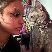 Kitty Kitty joined the competition — help win amazing prizes! person, cat, piercing, closeup, face, gray_cat, collar, leopard_print, bed, tapestry, hearts, indoor, intimate, profile, expression, eyelashes, jewelry, necklace, cute, pet