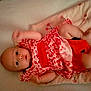 Elisabeth a rejoint le concours — aidez-le/la à gagner de superbes lots ! baby, infant, child, red_dress, cherry_pattern, blanket, soft_toy, lying_down, cute, wide_eyes, curious, arms_up, legs_moving, indoors, portrait, smiling, young_child, adorable, face, skin