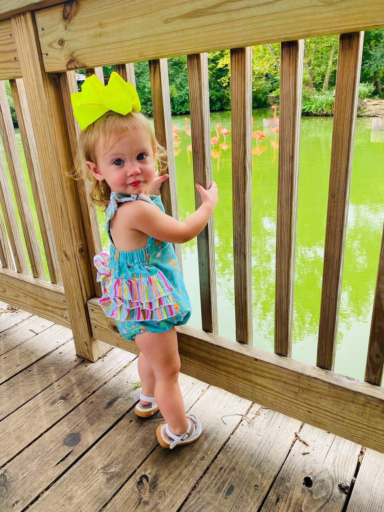 Maisyn is registered to the contest to win money with this photo: baby_toddler_clothing, child, clothing, deck, fence, flooring, fun, grass, green, happy, hardwood, hat, human_leg, leisure, pattern, people_in_nature, person, smile, toddler, wood