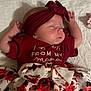 baby, sleeping, headband, burgundy, clothing, floral, skirt, bow, pacifier, blanket, soft, peaceful, infant, cute, portrait, child, indoors, newborn, resting, adorable